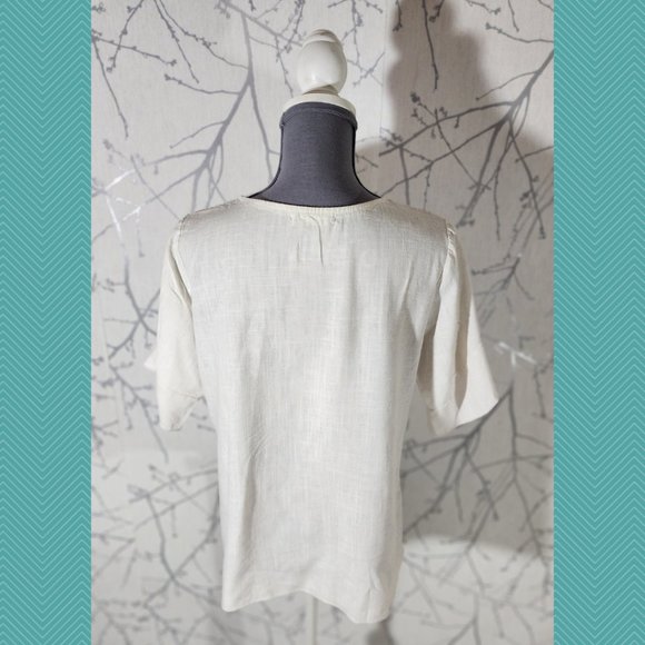 3.3 Field Trip White Linen Blend Round Neck Top w/ Flutter Sleeves - Picture 4 of 5